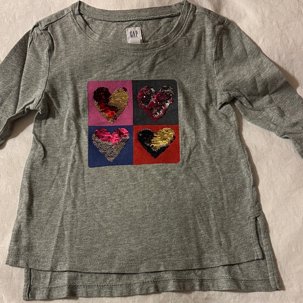 GAP Kids Gray Long Sleeve Shirt with Colorful Sequin Hearts